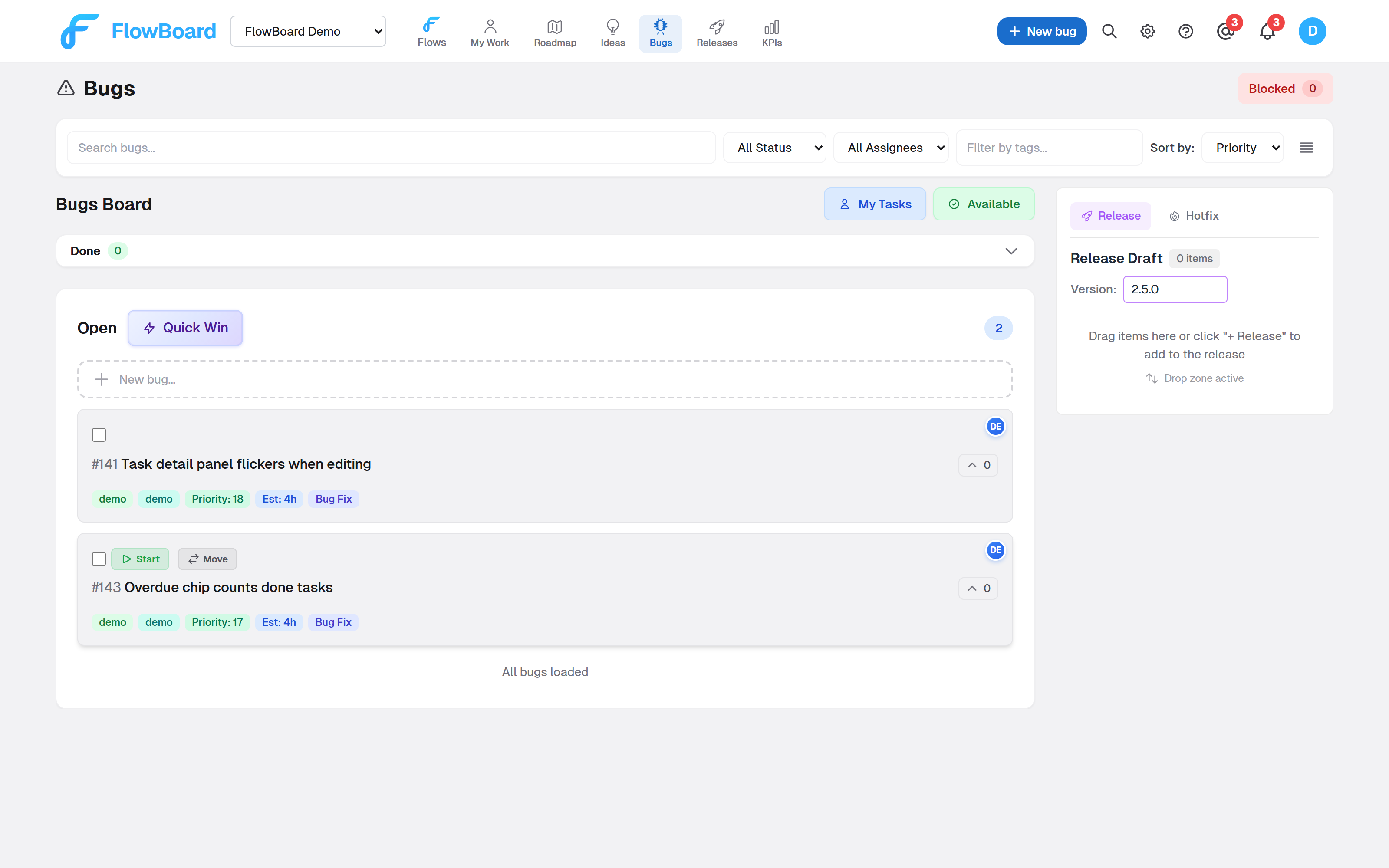Bug reports in FlowBoard, prioritised alongside other work rather than in a separate tracker