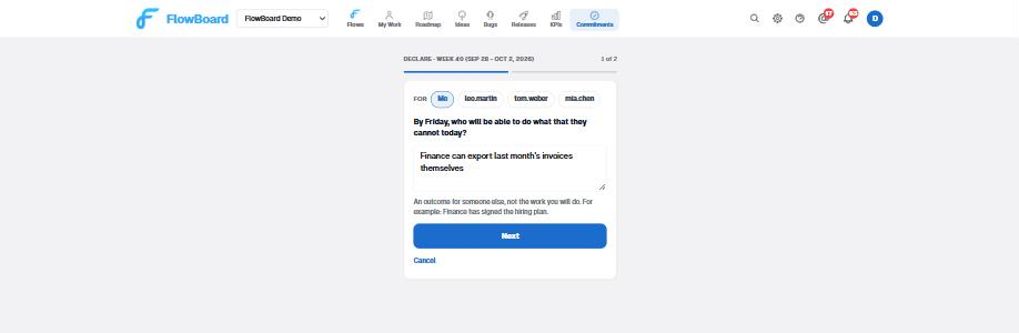 The declare deck on Monday: 'By Friday, who will be able to do what that they cannot today?' with an outcome typed in, and For chips so a manager can declare for a report