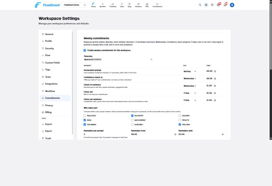 FlowBoard commitments settings: the enable switch, the timezone, five day-and-time slots for the prompts and summaries, the list of members who take part, and the reminder settings
